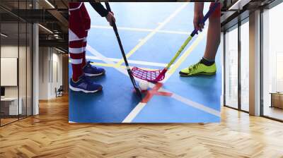 Close view of floorball players during mach n Wall mural