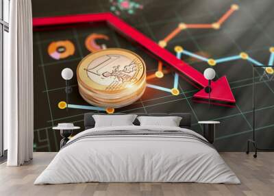 Financial economic global crisis, budget constraints in budget, declining stock markets. Economy euro is in inflation, arrow is pointing down background. Wall mural