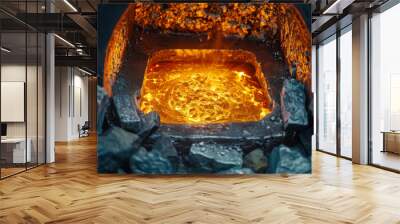 Close-up shot of gold being purified in a furnace, glowing molten gold, intense heat, smelting process, with safety equipment visible.. AI generated. Wall mural