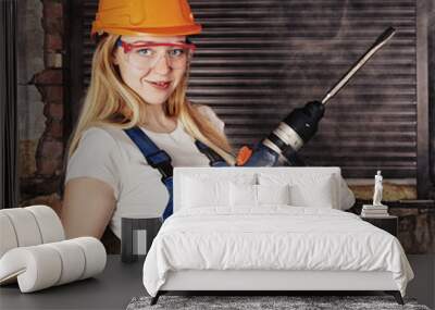 Beautiful Woman With Heavy Drill Wall mural