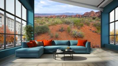 Sandstone rock formation in the Arches National Park, Utah, USA, on a beautiful sunny day of spring. Geological shapes in Utah desert. Travelling in American southwest. La Sal Mountains in the back Wall mural