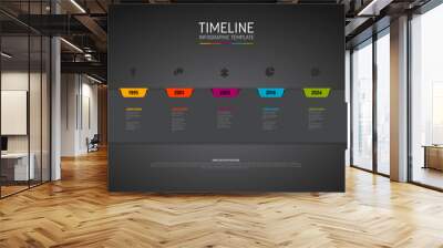 Dark Timeline template with colorful tabs icons and description Wall mural