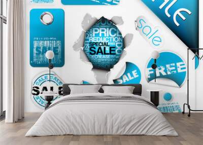 Set of blue sale tickets, labels and stickers Wall mural