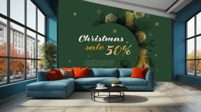 Vintage green vector Christmas sale card with christmas decorations Wall mural