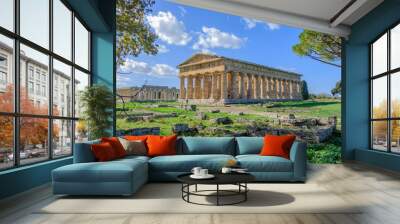 Scenic view of ruins of ancient greek temple in ancient touristic town Paestum in Italy Wall mural