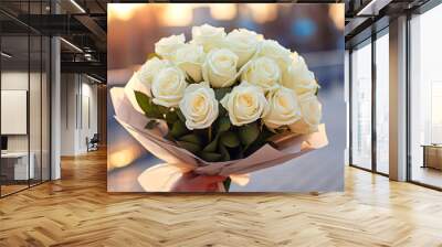 A woman holds a bouquet of white roses Wall mural