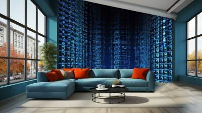 Abstract digital landscape with cascading blue numbers and symbols, creating a futuristic visualization of data streams. Wall mural