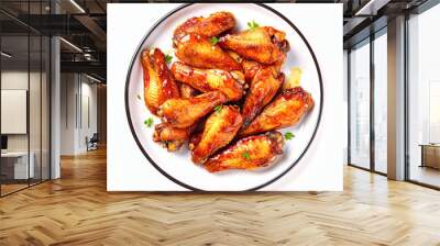 baked chicken wings on white plate top view isolated on white background Wall mural