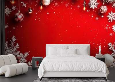 Christmas border with red and white ornaments hanging on snowy fir tree branches. Red background with lights and snowflakes Wall mural