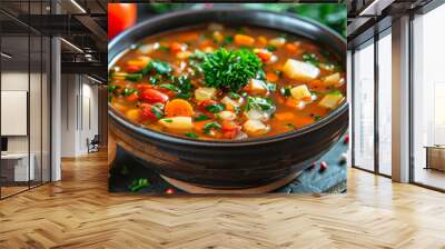 Close Up of a Bowl of Vegetable Soup With Kale. Wall mural