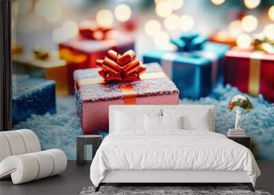 Colorful gift boxes with ribbons on white background Wall mural