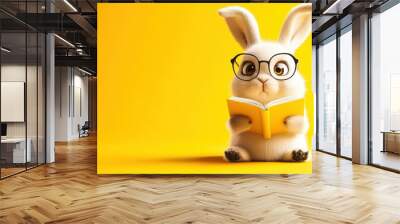 Cute fluffy white bunny wearing glasses reading a book on yellow background Wall mural