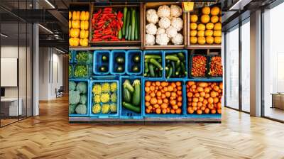 Fresh organic vegetables filling crates at farmers market Wall mural