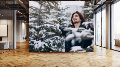 Handsome man choosing a christmas tree Wall mural