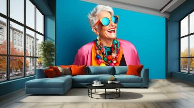 Happy and funny cool old lady with fashionable clothes Wall mural