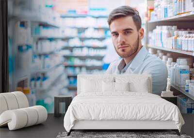 Man Sitting at Table in Pharmacy Wall mural