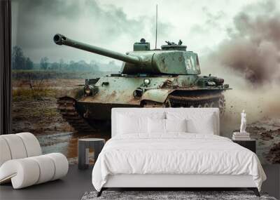 Powerful military tank driving through mud with smoke in background Wall mural