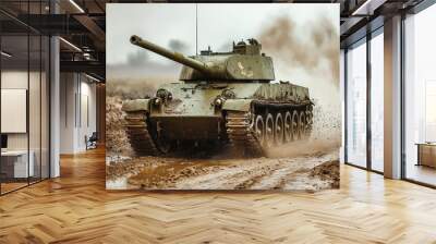 Powerful military tank driving through mud with smoke in background Wall mural