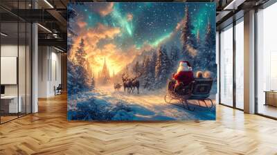 Santa claus riding sleigh pulled by reindeer in snowy forest at sunset Wall mural