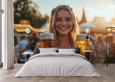 Smiling young Caucasian woman holding two large beer mugs at a festive outdoor event during sunset. Wall mural