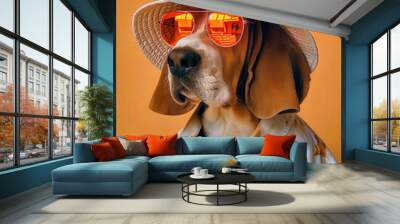 Trendy Dog Wearing Stylish Sunglasses and Summer Hat Poses for Portrait on Colorful Background Wall mural