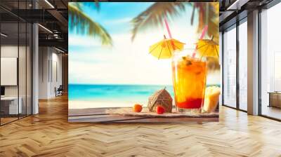 Two Glasses of Drinks on Table With Beach Background Wall mural