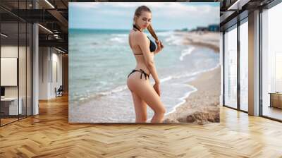 Beautiful girl in a sexy bikini on the beach Wall mural