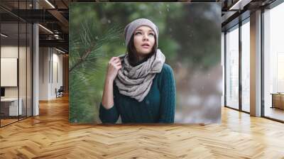 Beautiful young woman in wintertime outdoor Wall mural