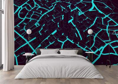 black low poly city with turquoise roads Wall mural