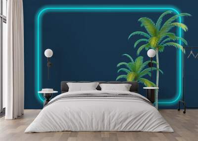 two palms trees with turquoise neon frame Wall mural