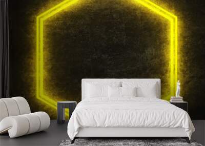 yellow neon hexagon on black concrete wall Wall mural