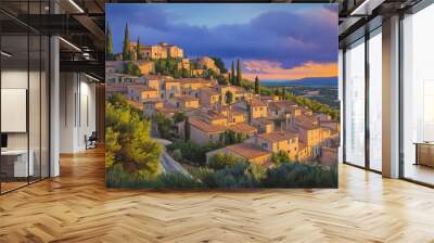 A charming mediterranean village in the warm light of sunset, traditional stone buildings and terracotta roofs nestled among cypress trees and rolling hills - Tuscany or Provence landscape Wall mural