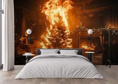 A Christmas tree engulfed in flames in a festive living room, surrounded by wrapped presents. The fire spreads through the decorated tree, creating a hazardous and chaotic scene. Wall mural