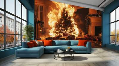 A Christmas tree engulfed in flames in a festive living room, surrounded by wrapped presents. The fire spreads through the decorated tree, creating a hazardous and chaotic scene. Wall mural