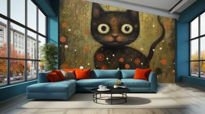 Abstract Cat Art Painting: Whimsical Drawing of a Playful Kitty in the Flower Garden Wall mural