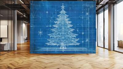 Christmas tree blueprint on blue background 
 Wall mural