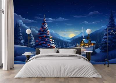 Christmas Tree Illuminating a Winter Night in a Snowy Landscape with a Village in the Distance Wall mural