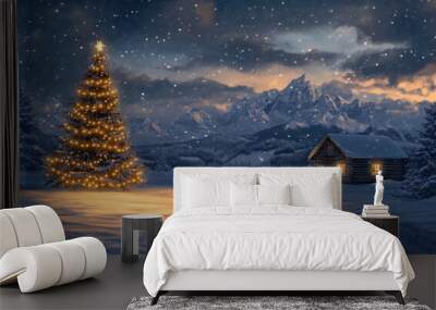 Christmas tree in xmas eve with a cottage in the snow - winter wonderland landscape Wall mural