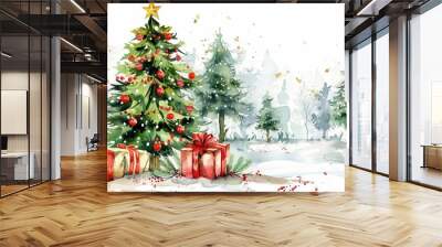 Watercolor illustration of a beautifully decorated Christmas tree in the snowy forest surrounded by wrapped gifts Wall mural