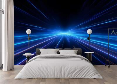 3d Abstract neon wallpaper. Glowing blue dynamic lines over black background. Light drawing trajectory Wall mural