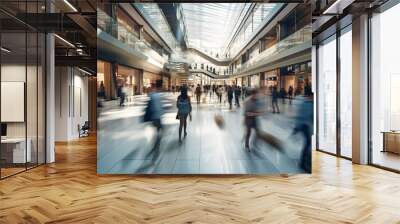 Abstract blurred photo of many people shopping inside department store or modern shopping mall. Urban lifestyle and black friday shopping concept Wall mural