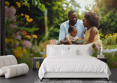 african american family eating and cooking at a garden barbecue - Concept of happiness with young people at home enjoying food together Wall mural