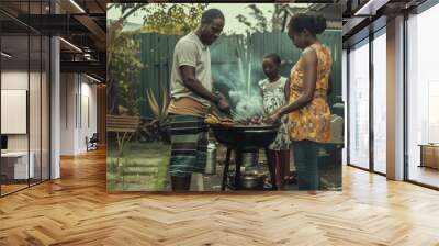 african american family eating and cooking at a garden barbecue - Concept of happiness with young people at home enjoying food together Wall mural