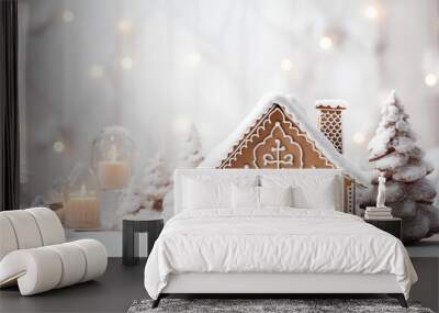 Christmas gingerbread house decoration on white background of defocused golden lights. Hand decorated. Wall mural