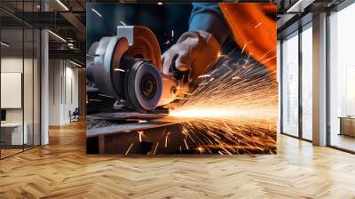 Close-up metal saw blade on the sides fly bright sparks from the angle grinder machine. Metal sawing. Hot sparks at grinding steel material. Wall mural