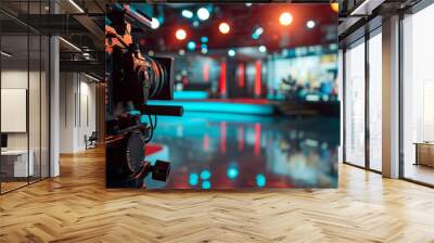 Close-up of a professional video camera in a television studio, with blurred lights and set in the background. Wall mural