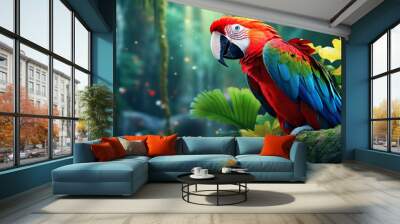 Colorful portrait of Amazon red macaw parrot against jungle. Side view of wild ara parrot head on green background. Wildlife and rainforest exotic tropical birds as popular pet breeds Wall mural