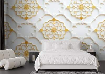 Exquisite gold Islamic patterns adorn a white textured backdrop, exuding elegance. Islamic Arabic Arabesque Ornament Border Luxury Abstract white Background with Copy Space Wall mural