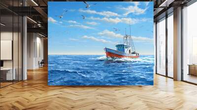 Fishing boat returning to home harbor with lots of seagulls illustration Wall mural