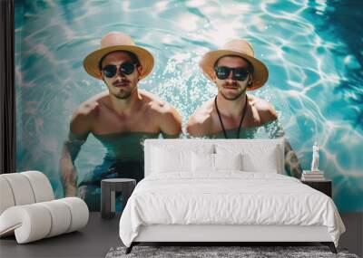 Gay couple wearing sunglasses relaxing in swimming pool or in a sea. LGBT. Two young men enjoying nature outdoors and hugging. Young men romantic family in love. Happiness concept. Wall mural